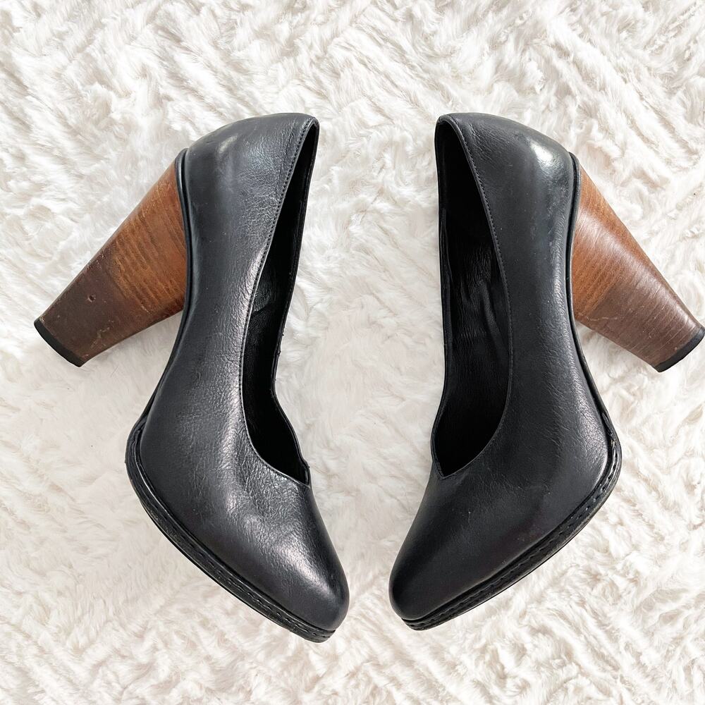 Derek Lam Tasha Black Leather Almond Toe Pump with Brown Stacked Heel